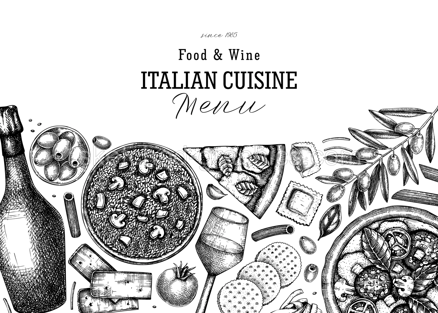 Hand drawn pizza, pasta, prosecco, risotto banner. Italian food and drinks vector background. Mediterranean cuisine ingredients vintage illustrations. Modern restaurant menu design template.  Illustration
